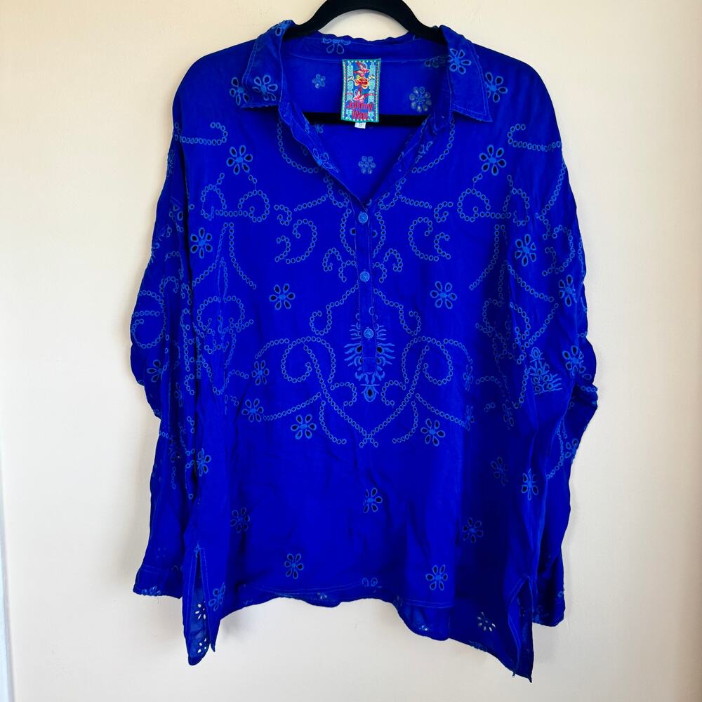 Johnny Was Eyelet Long Sleeve Top Bright Blue Sz S Embroidered